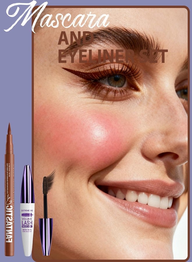 DuaTana Waterproof Brown Mascara&Liquid Eyeliner Pen Set,Volumizing Colored 5D Fiber Mascara for Eyelash Volume and Length Máscara,Longlasting Smudgeproof Matte Color Eye Liner Pencil Women Party Stage Use - Image 2